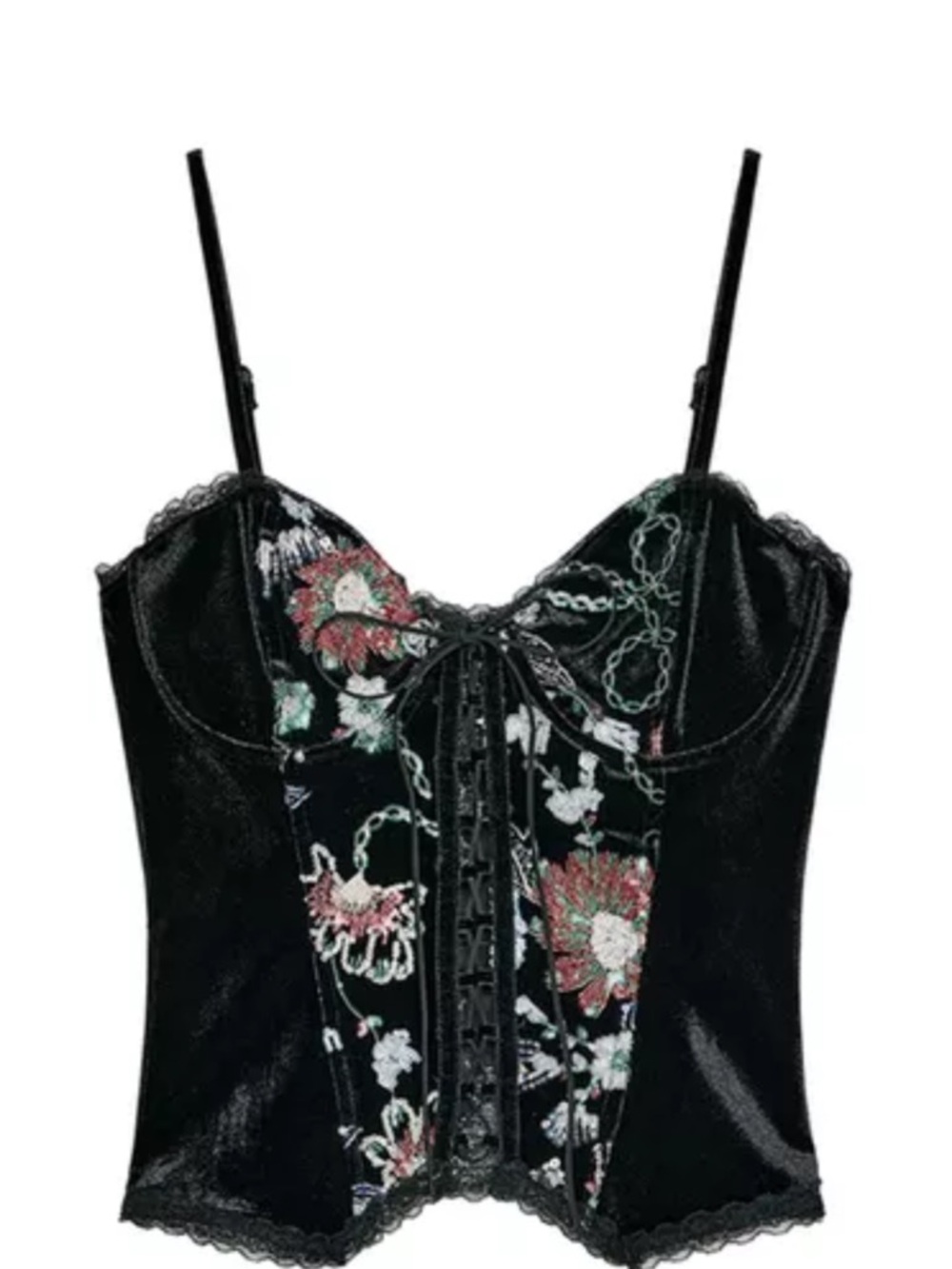 Zara Black Floral Lace-Up Satin Bustier Camisole